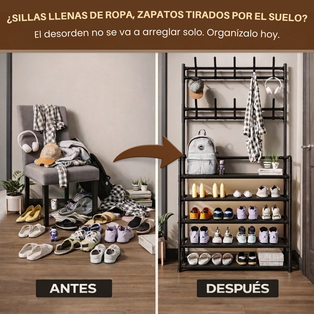 Organizador Multifuncional 3 en 1: Perchero, Zapatero y Estante