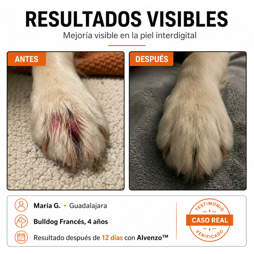 Resultado visible antes y después en las patas de un perro